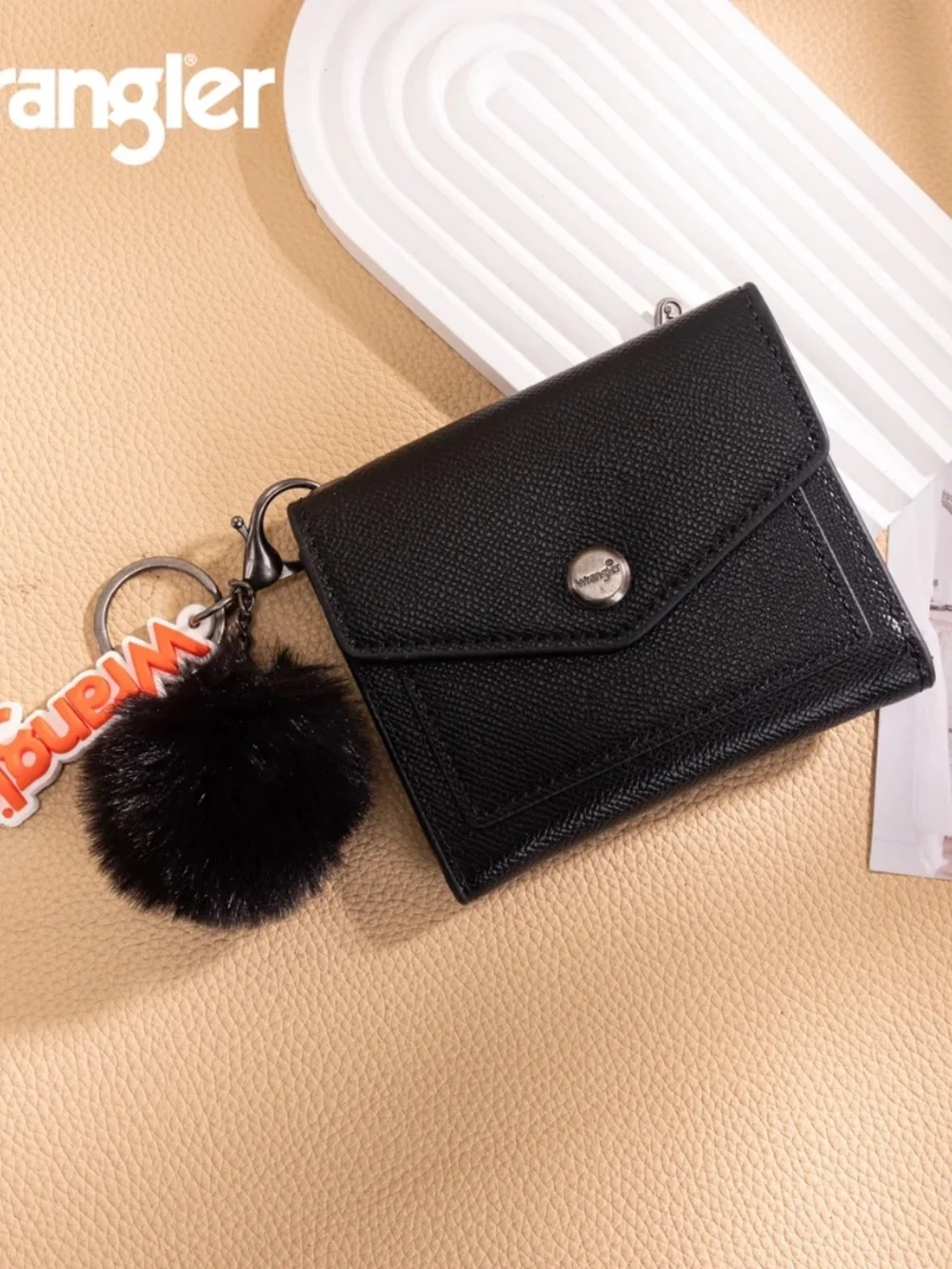 Wrangler Tri-Fold Wallet with Keyring Pom Pom Black